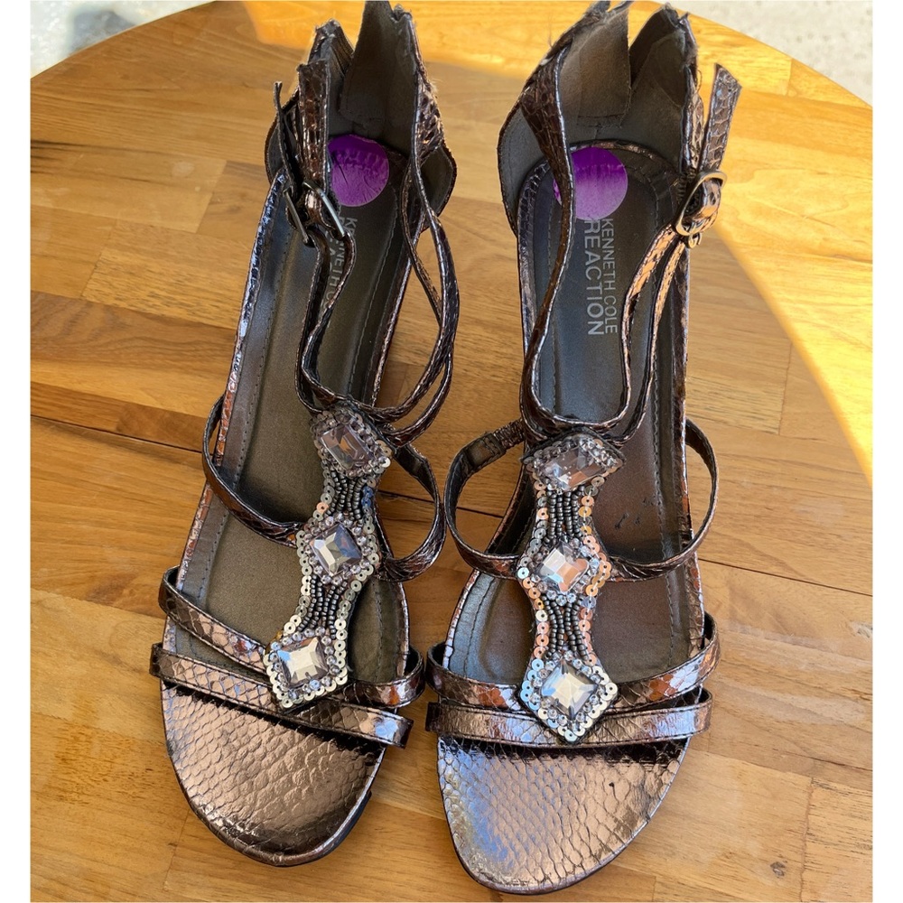 Kenneth Cole Reaction Women’s 8.5 Bronze Metallic & Bejeweled Sandal Wedges.